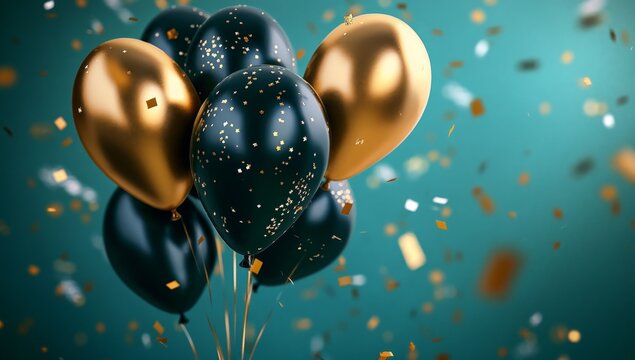 Gold, black balloons, confetti, teal background, celebration