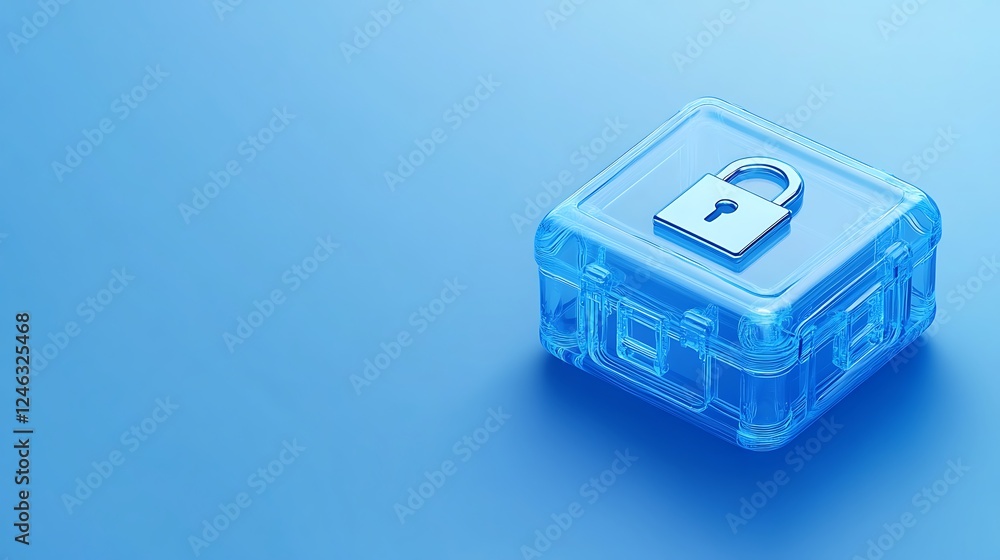 Poster transparent secure box with lock on a light blue background for privacy and protection concepts