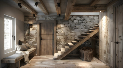 Wooden staircase and stone cladding wall in rustic hallway. Cozy home interior design of modern entrance hall with door. Created with