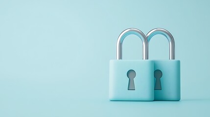 Fototapeta premium Two modern pastel blue padlocks with shiny metal shackle on a light blue background for security concept