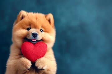 Marketing concept art. Chow - my desired dog. Cute chow canine with animal toy red heart - emblem of love, funny greeting card. Puppy cuddles. Valentine's puppies photoshoot.
