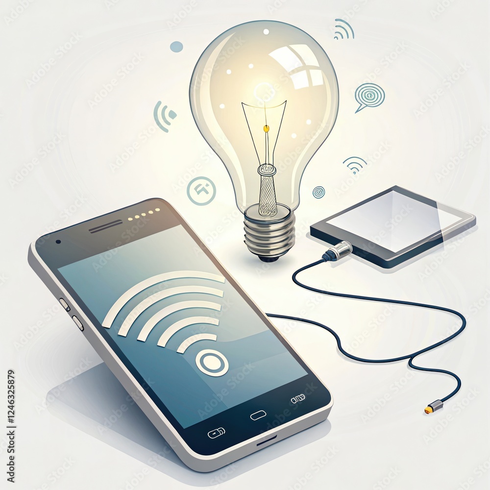 Poster bright idea: a smartphone displaying a wifi symbol is connected to a tablet near a glowing lightbulb