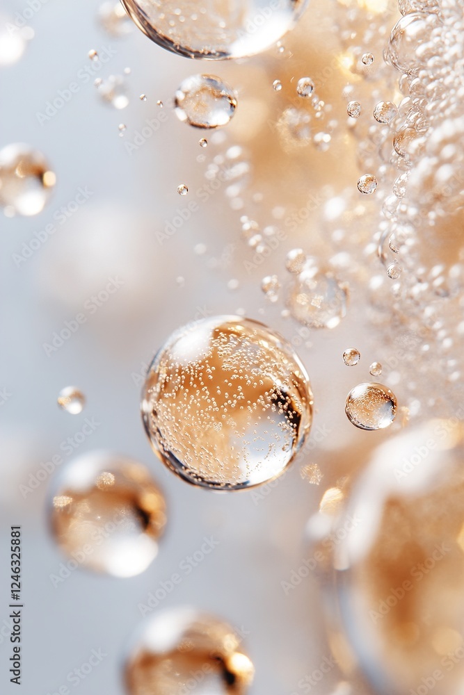 Poster floating golden bubbles enhance the elegance of pure water in a soft, blurred setting, creating a so