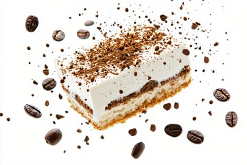 Delicious Tiramisu Cake Slice with Coffee Beans Floating on a Clean White Background