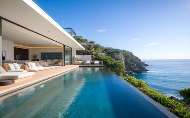 Obraz premium A luxurious villa with an infinity pool overlooks the ocean. The modern architecture is an impressive design, emphasizing luxury and relaxation