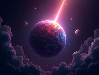 Obraz premium A Cosmic Catastrophe Unfolds as a Fiery Laser Beam Strikes Earth in the Vast Expanse of Space.