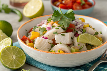 Sustainable Seafood, A vibrant bowl of fresh ceviche garnished with cilantro and lime, featuring diced fish, vegetables, and colorful fruits.