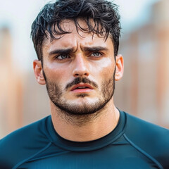 Obraz premium Intense focus of a male athlete preparing for a workout outdoors in a city environment during late afternoon