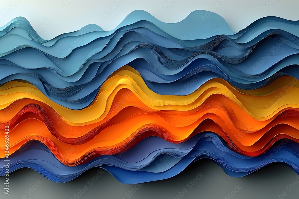 Poster a stunning abstract composition featuring undulating waves of layered blue and orange paper, creatin