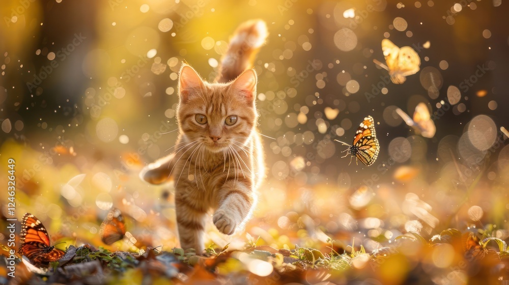 Poster playful ginger cat running through a sunlit meadow filled with colorful butterflies and soft bokeh