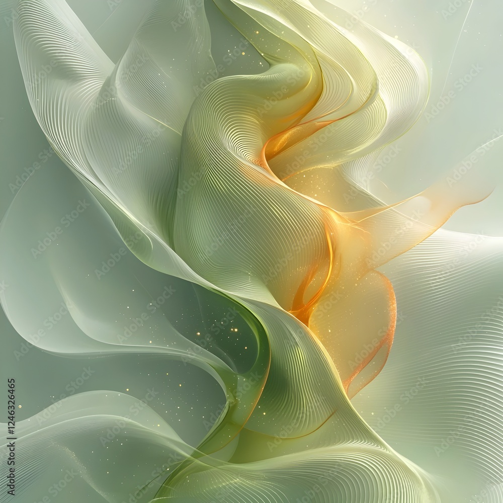 Poster an abstract composition featuring flowing waves of translucent green and orange hues, creating a tra