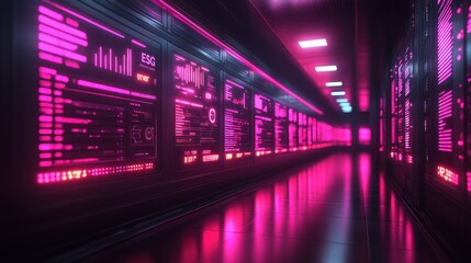 Futuristic pink neon corridor with data screens.
