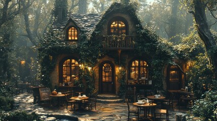 Enchanted Forest Cottage Cafe: A whimsical tea house nestled in a mystical woodland, inviting warmth and serenity.