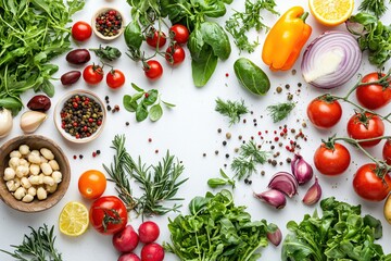 Fresh Culinary Ingredients Arranged on White Backdrop for Healthy Eating and Cooking Concept