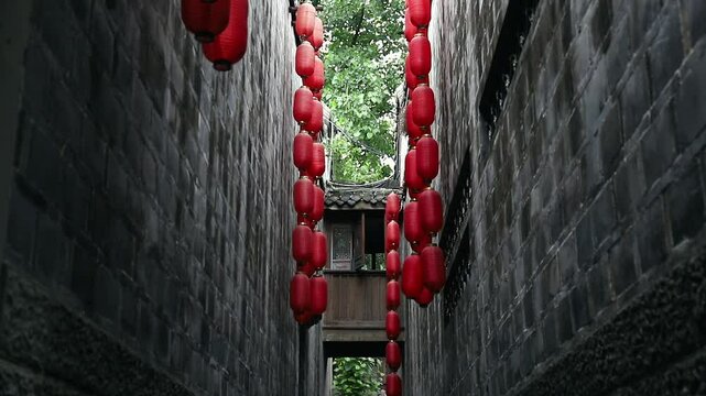 An alley decorated with red lanterns in Jinli Ancient Street, Chengdu, China