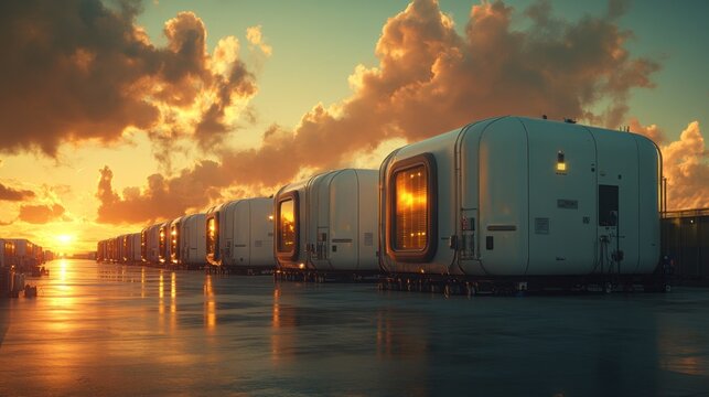 Futuristic pods at sunset.