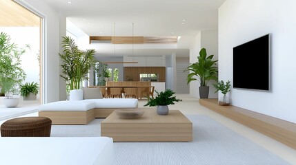 Fototapeta premium minimalist, living room, interior, design. A bright, modern living room featuring minimalist furniture, greenery, a large TV, and an open layout that promotes relaxation and comfort.