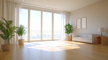 Fototapeta premium minimalist, living room, interior, design. A bright, airy living room featuring large windows, plants, and modern furnishings, creating a cozy and inviting atmosphere.