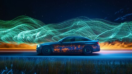 Night Drive Data Stream Car, Highway, Digital Landscape