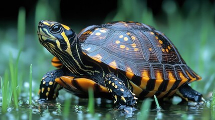 Colorful turtle resting on grass near a water source in a lush garden during daylight