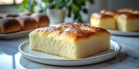 Soft and fluffy slice of Japanese milk bread placed on a white plate with more bread in the background. Close-up