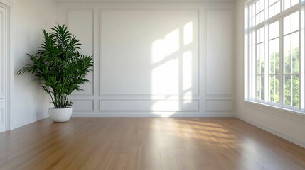 Fototapeta premium minimalist, living room, interior, design. A bright, airy room featuring large windows, a wooden floor, and a decorative plant in a pot, creating a serene and inviting atmosphere.