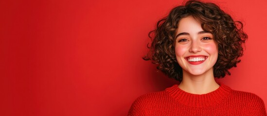 Bright smile of a young woman against a vibrant red background showcasing joy and energy in a casual setting