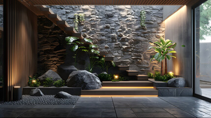 Wooden staircase and stone cladding wall in rustic hallway. Cozy home interior design of modern entrance hall with door. Created with