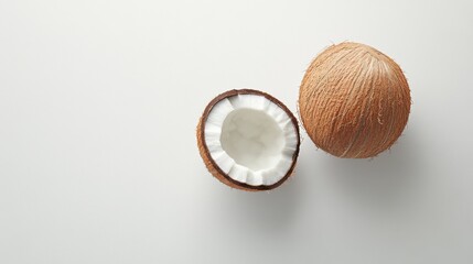 Fototapeta premium Whole and halved coconut on plain white surface
