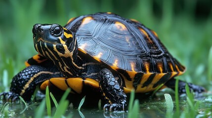 Obraz premium Colorful turtle basking in lush green grass on a sunny day in a serene environment