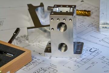 detailed photo of a workbench with technical drawings and tools. taps, drill, metal parts, blocks with drilled holes