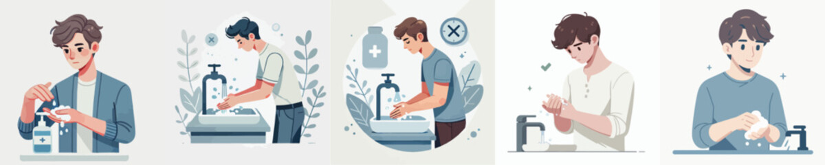 vector set of young people washing their hands