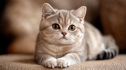 Obraz premium Adorable tabby kitten lying down, looking curious.