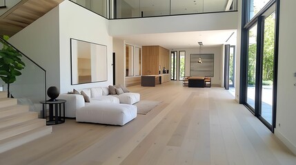 Fototapeta premium minimalist, living room, interior, design. A spacious, modern living room with minimalist decor, large windows, and natural light highlighting the wooden flooring and stylish furnishings.