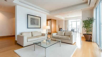 minimalist, living room, interior, design. A modern, spacious living room featuring light-colored furniture, a glass coffee table, and large windows that invite natural light.