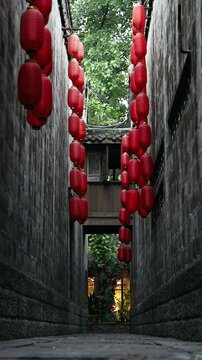 An alley decorated with red lanterns in Jinli Ancient Street, Chengdu, China