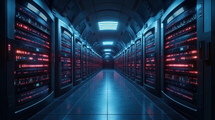 Futuristic server room with glowing racks.