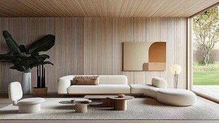 minimalist, living room, interior, design. A modern living room featuring a curved sofa, natural wood accents, a large window with greenery, and minimalist decor.