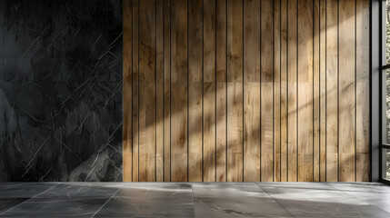 Wooden wardrobe against black marble wall in minimalist style interior design of modern bedroom