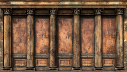 Rustic aged wooden wall paneling with classical columns; ideal for background or texture.