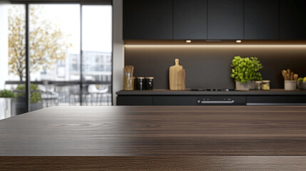 Brown wooden table kitchen counter display copy space with blurred light background