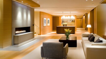 minimalist, living room, interior, design. A modern, stylish living room featuring warm wood tones, comfortable seating, a cozy fireplace, and elegant decor, creating a welcoming atmosphere.