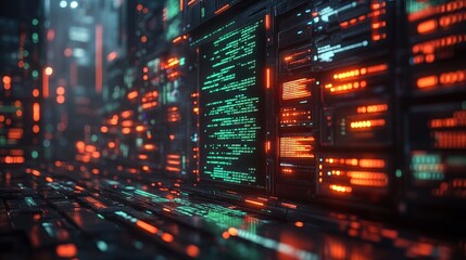 Futuristic server room with glowing screens displaying code.