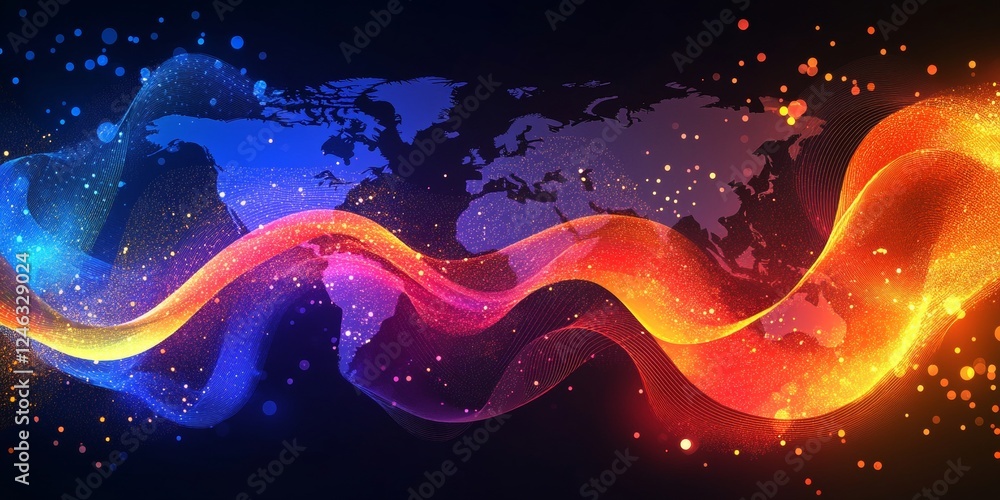 Poster World Map Connected by Abstract Flowing Lines, Digital Background With Global Network Concept.