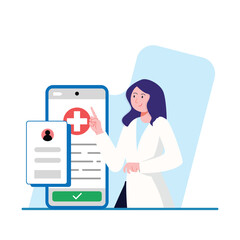 Female doctor uses a mobile app to access and manage patient medical records Perfect for healthcare and telehealth websites