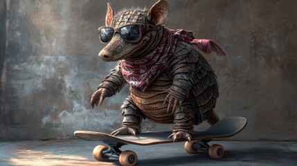 Stylish armadillo riding a skateboard with sunglasses and a bandana in a retro urban setting
