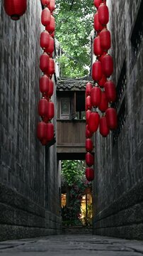 An alley decorated with red lanterns in Jinli Ancient Street, Chengdu, China