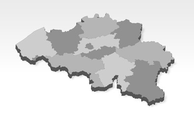 3D  Belgium map with all states in gray. Three dimensional map of Belgium with shadow on white background for your design, app, UI. Provinces of  Belgium.  EPS10. 
