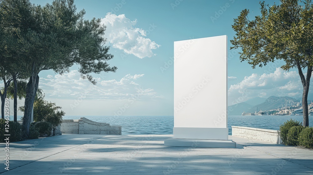 Poster empty vertical display for advertising beside calm waters with trees and sky background in bright da
