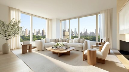 Fototapeta premium minimalist, living room, interior, design. A modern, stylish living room with large windows, offering a view of the city skyline, featuring comfortable furniture and elegant decor.